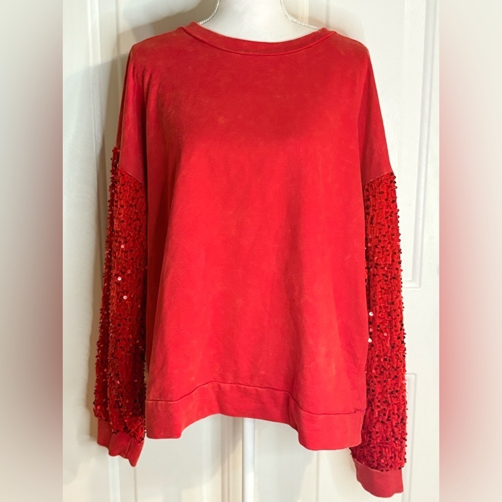 Bibi Crew Sweatshirt L Red Acid Wash With Sequins Sleeves